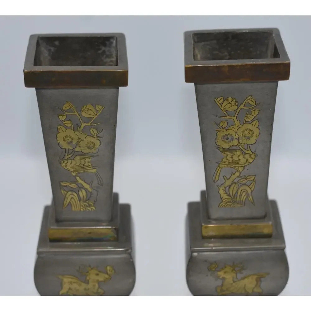 Chinese Pewter & Brass Temple Alter Candlesticks Joss Stick Holder Garniture